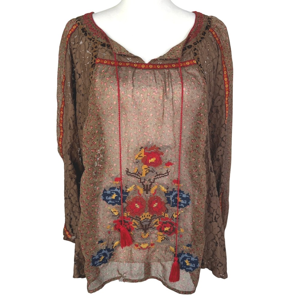 IVY JANE Women's Medium Cross Stitch Embroidered Floral Lace Sheer Tunic Top